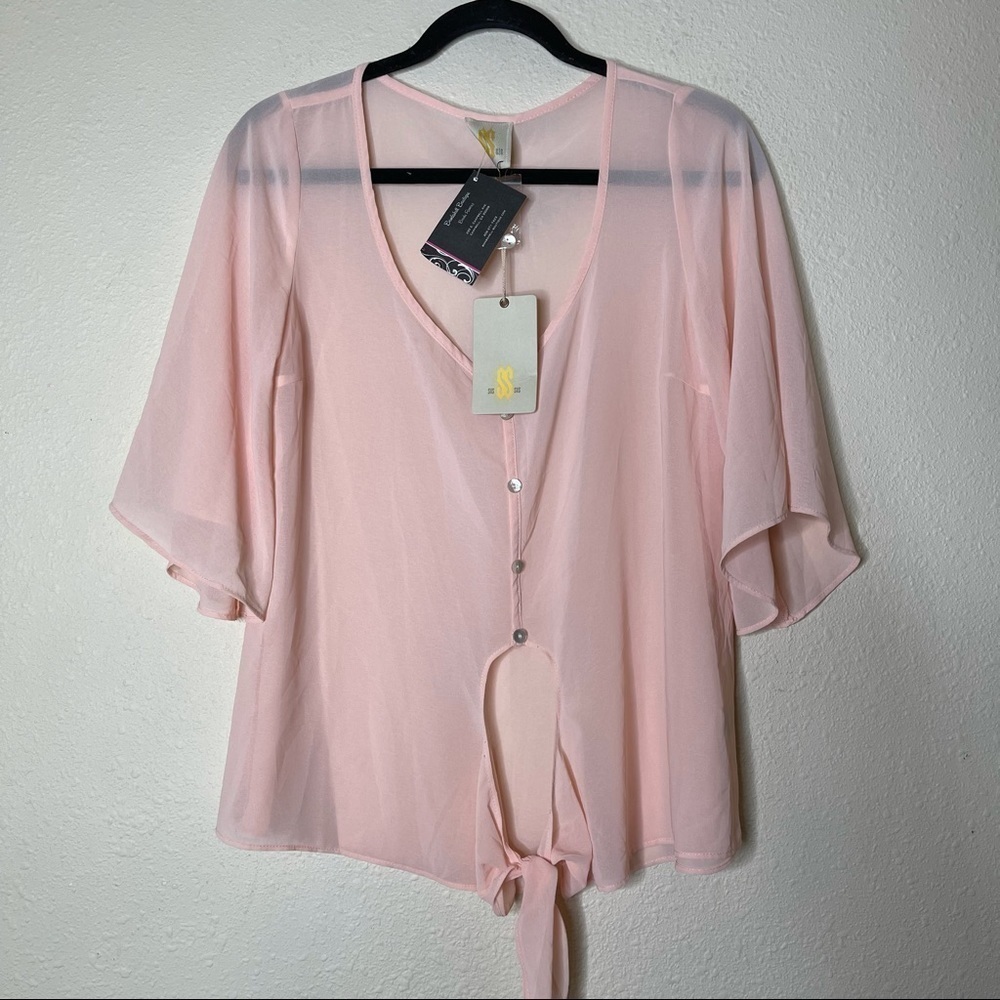 Sis Sis Pink Sheer Button Tie Blouse Top
